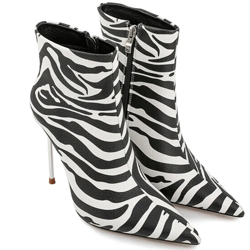 

2024 Super High Heels Ankle Boots For Women Side Zipper Zebra Pattern Pointed Toe Female Shoes Sexy Runway Elegant Chelsea Boots