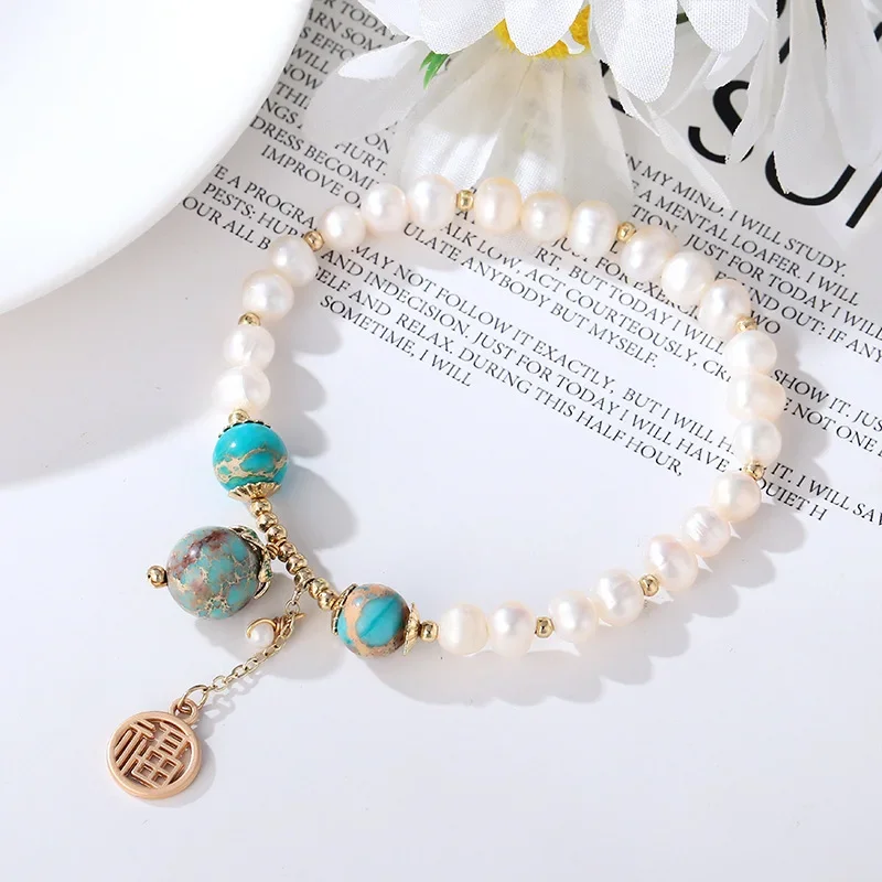 

Trendy natural freshwater pearls turquoise beads gold color Chinese character pendant bracelets for women fashion jewelry Y304