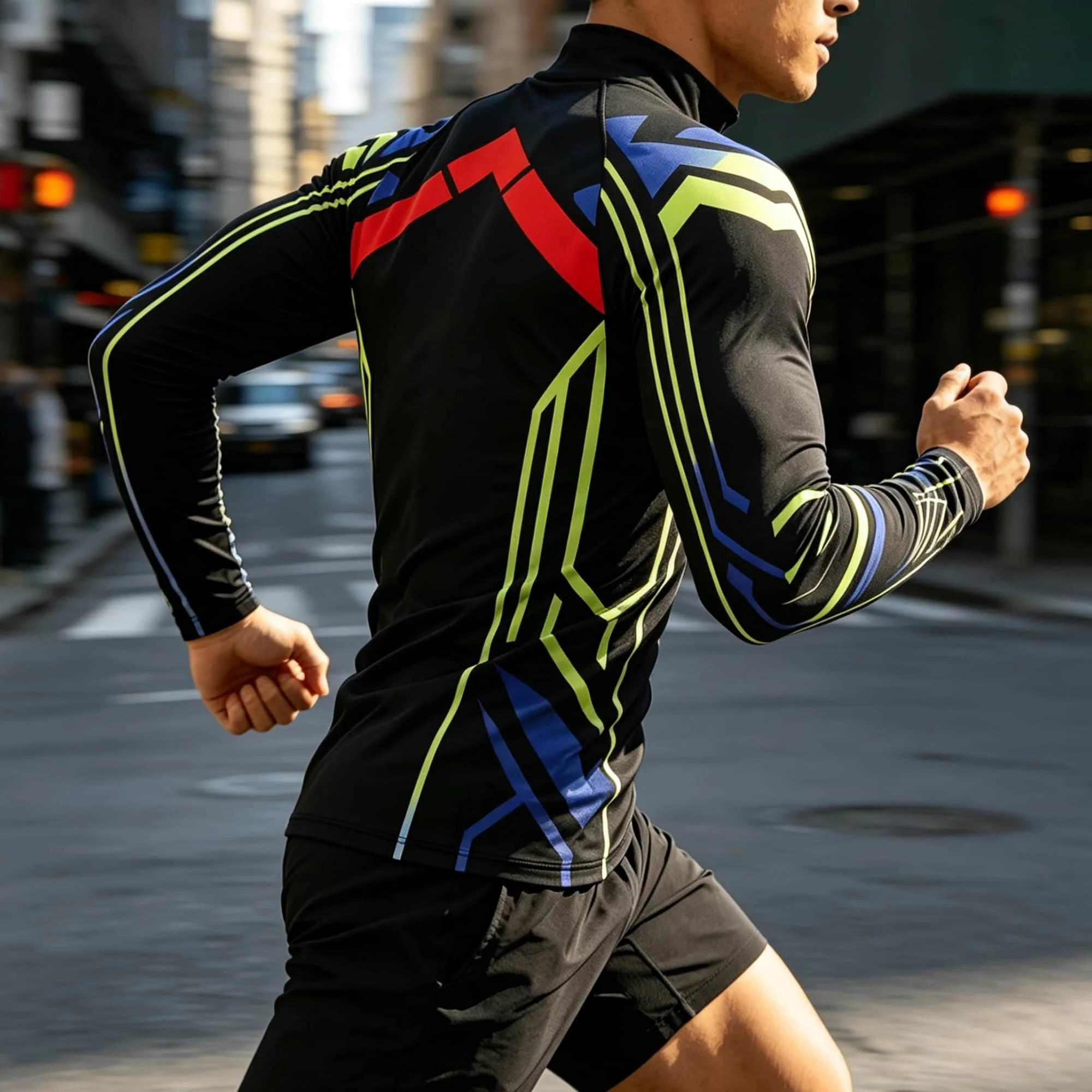 Athletic Trendy Tech‑Inspired Men Long Sleeve T Shirt Top 3D Geometric Color‑Block Pattern Breathable Versatile Mock Neck Fitnes