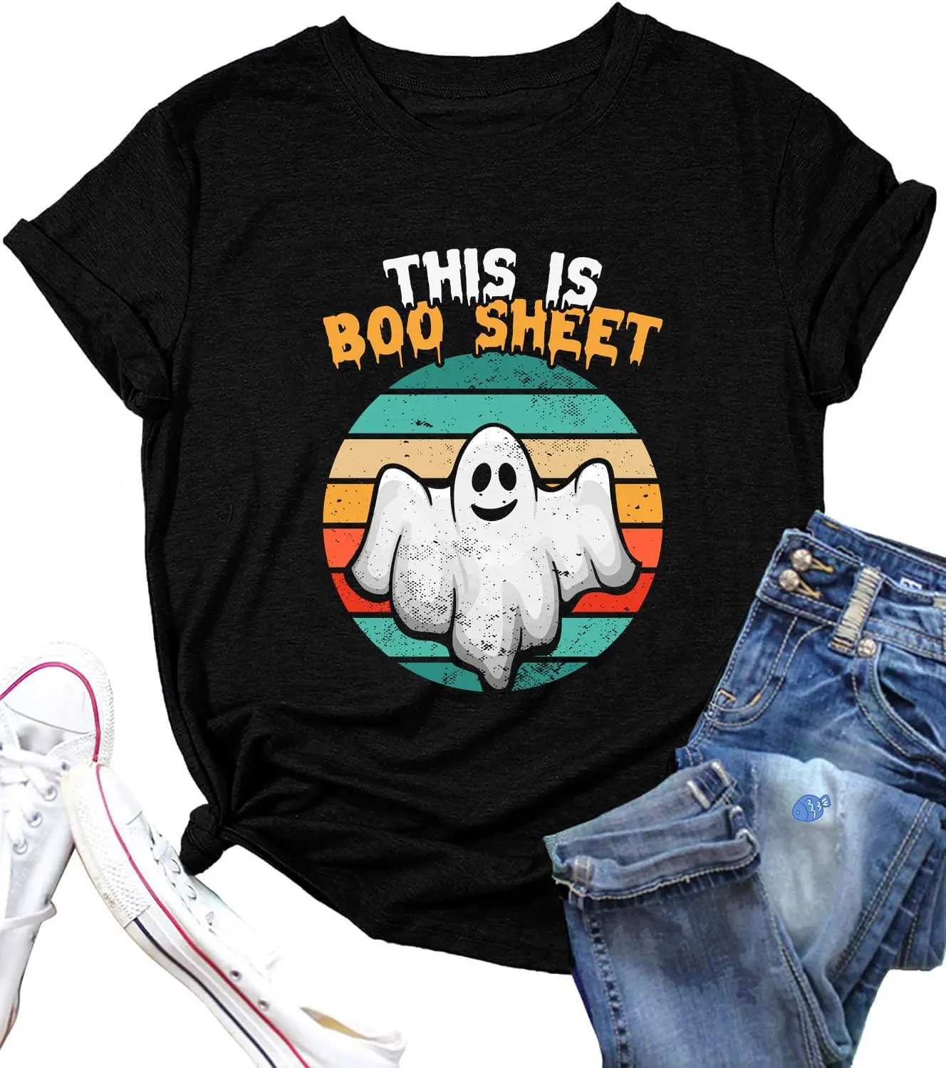 Halloween T-Shirt for Women Spooky Vibes Let's go Ghouls Pumkin Face Funny Graphic Tee New Fashion Top Tees