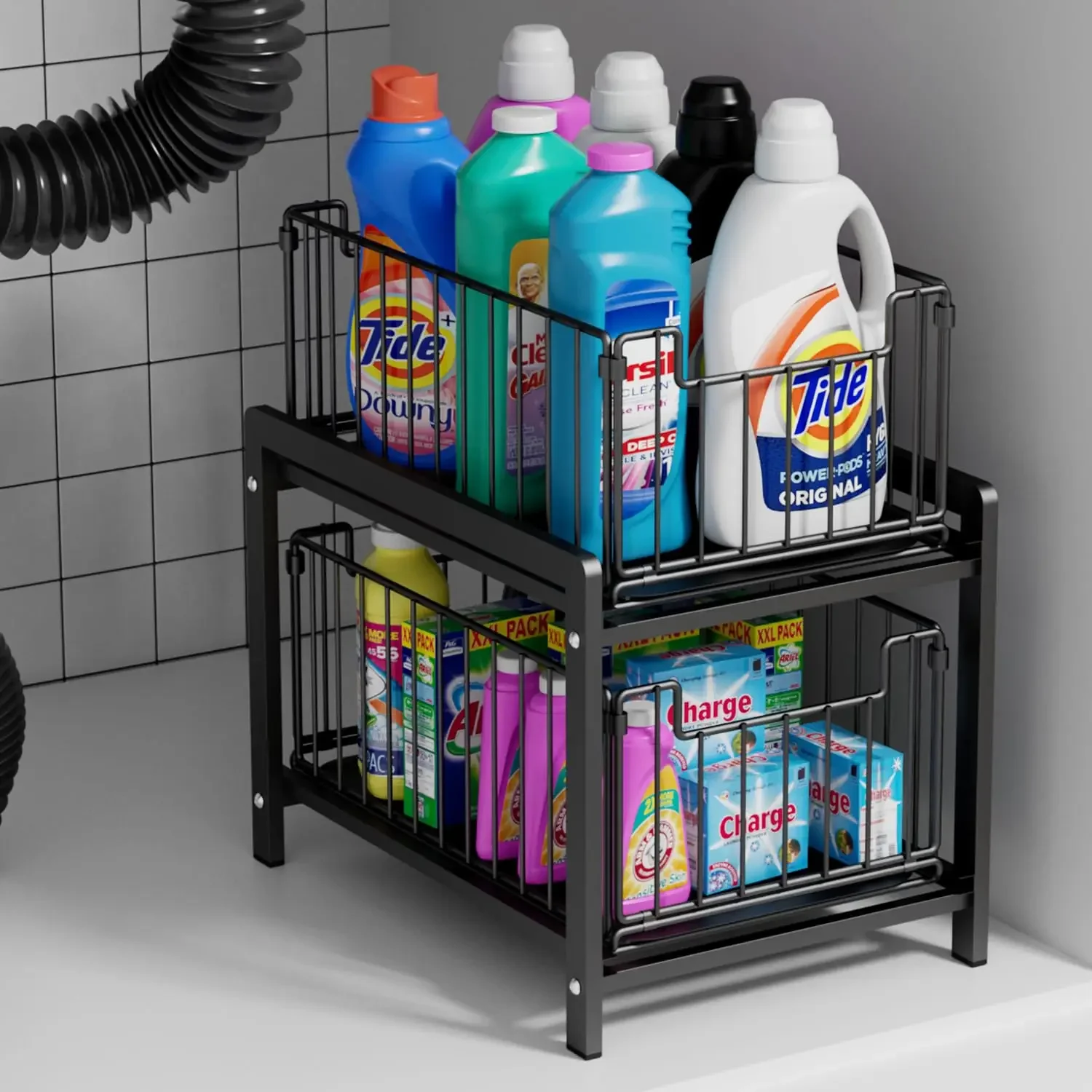 

2 Tier Sliding Basket Drawer Organizer,Pull Out Under Sink Cabinets Organizer,Metal Home Organizer Shelf for Bathroom or Kitchen