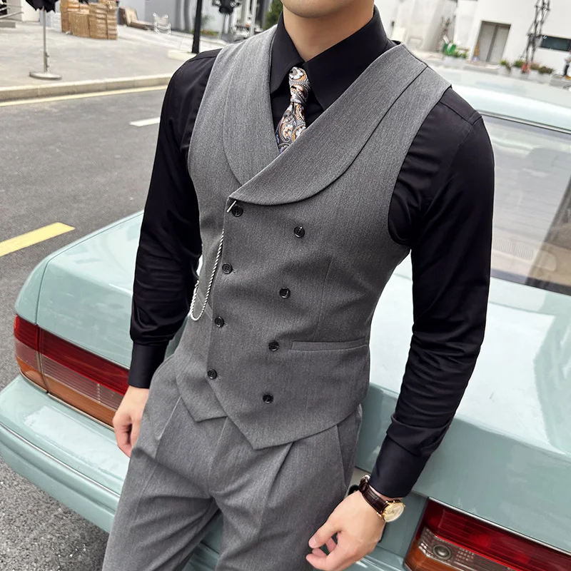 Brand Clothing Men\'s Business Suit Vest Male Slim Fit Fashion High Quality Double Breasted Suit Vest