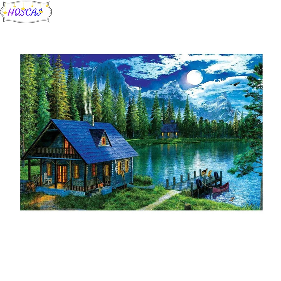 Full circle diamond painting Tree house small bridge river Diamond embroidery handmade diamond mosaic art home decoration pictur