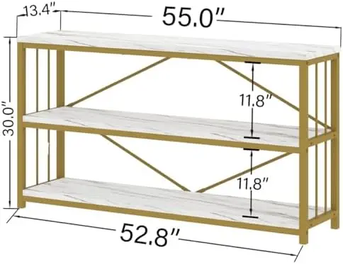 White 3 Tier Console Table, Modern Faux Marble Gold Sofa Entryway Table, Wood Metal Hallway Tables with Storage Shelves, Long Wi