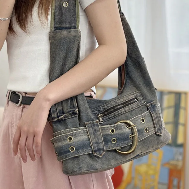 

Осень 2022, модная джинсовая женская мотоциклетная сумка с ремешком в стиле ретро, корейская ретро-сумка через плечо из джинсовой ткани y2k подмышками на одно плечо