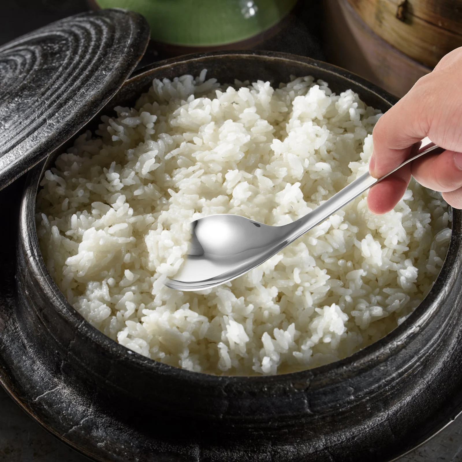

304 Stainless Steel Rice Spoon Long Handle Thickened Kitchen Scoop Reusable Cooking Food Serving Spoon