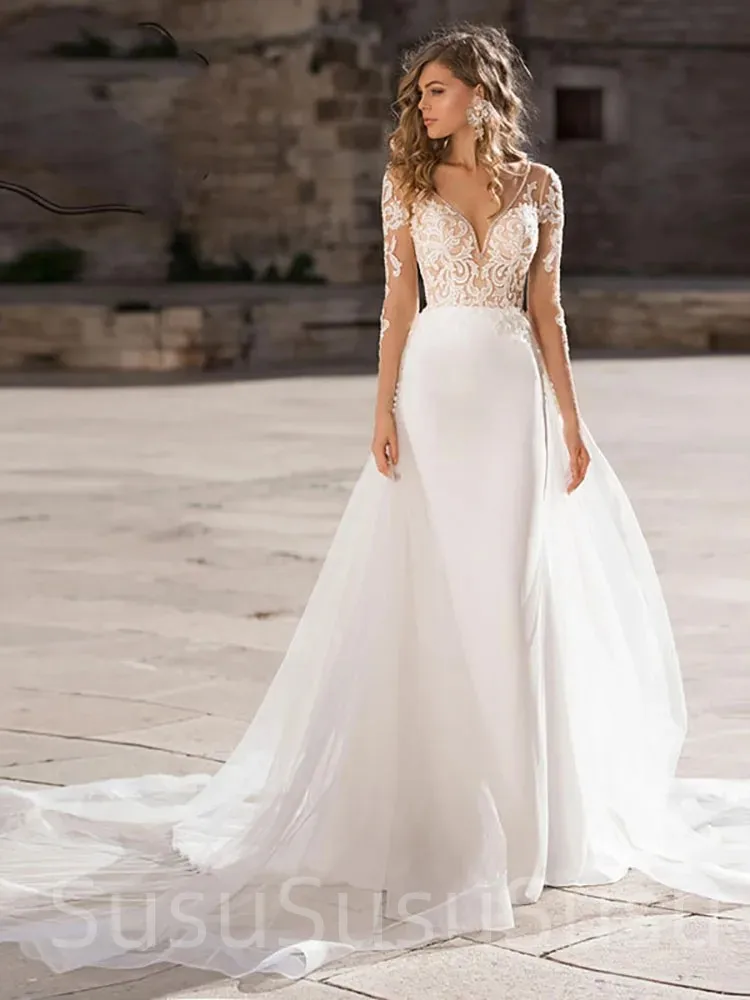 

Haute Couture Elegant White Satin Long Sleeve Backless Sweep Train Deep V-Neck Mermaid Backless Embroidery Wedding Dress