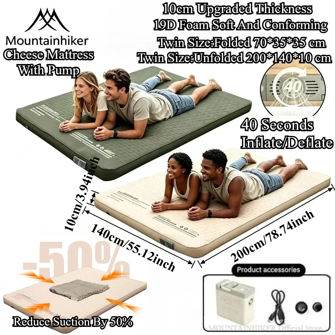 Inflatable Cheese Mattress Outdoor Single Double Person 30DTPU Sponge Sofa Upgrade 10CM Portable Family Camping Sleeping Pad Mat
