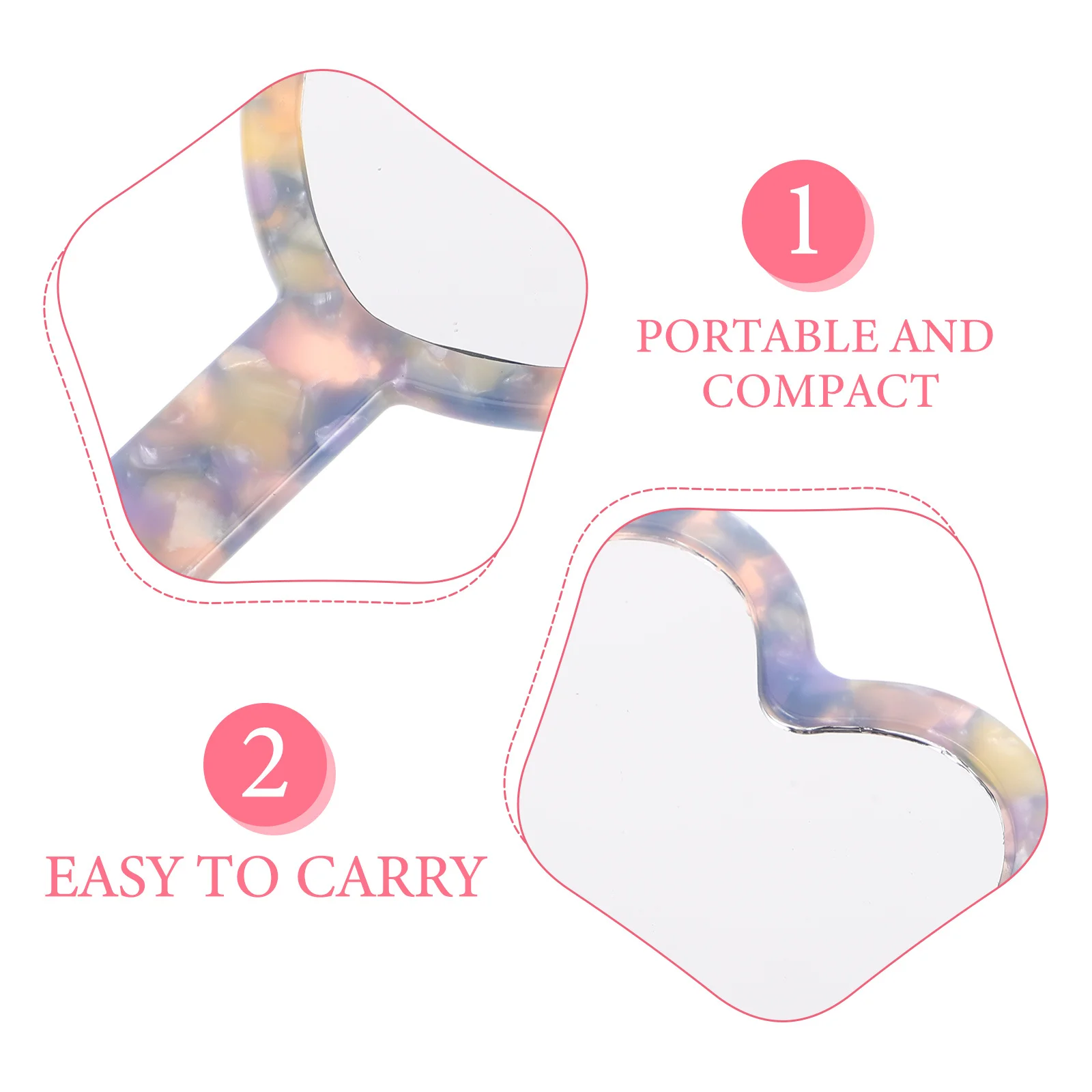 Placa de acetato em forma de coração espelho de mão de maquiagem portátil pequeno bonito espelho compacto viagem acessível estilo vintage