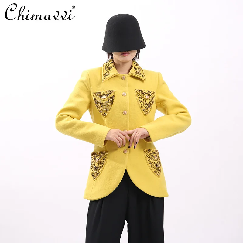 

Элегантные пригородные куртки во французском стиле с лацканами из бисера для тяжелой промышленности, осень 2022, высококачественные однобортные облегающие женские пиджаки