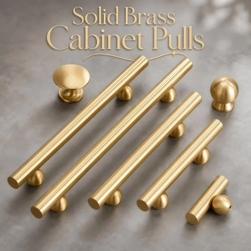 Modern Sleek Brass Cabinet Pulls Durable Minimalist Solid Brass Handles Smooth Luxury Gold Drawer Knobs Cabinetry,Furniture