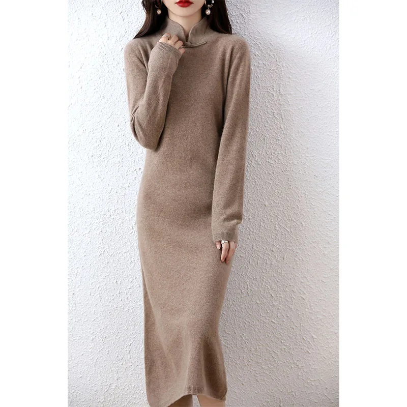 Cashmere Womens Sweater Knitted Dresses 100% Merino Wool Autumn Winter New Warm Elegant Long Dress Female Vintage Skirt Clothing