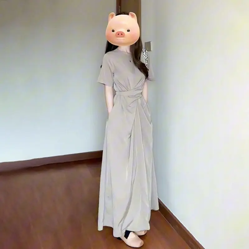 Elegant A-Line Long Dress Crossed Strap Short Sleeve Women's Design Slimming High Waist Summer Knitted Fabric Gown