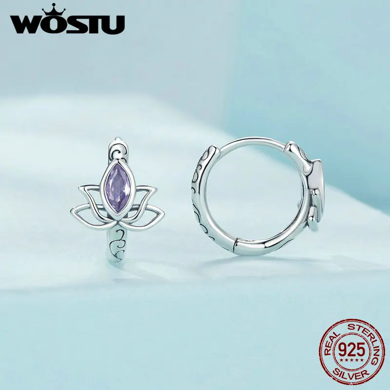 WOSTU Vintage 925 Sterling Silver Lotus Flower Hoop Earrings Purple Zircon Ear Buckles For Women Original Design Jewelry Gift