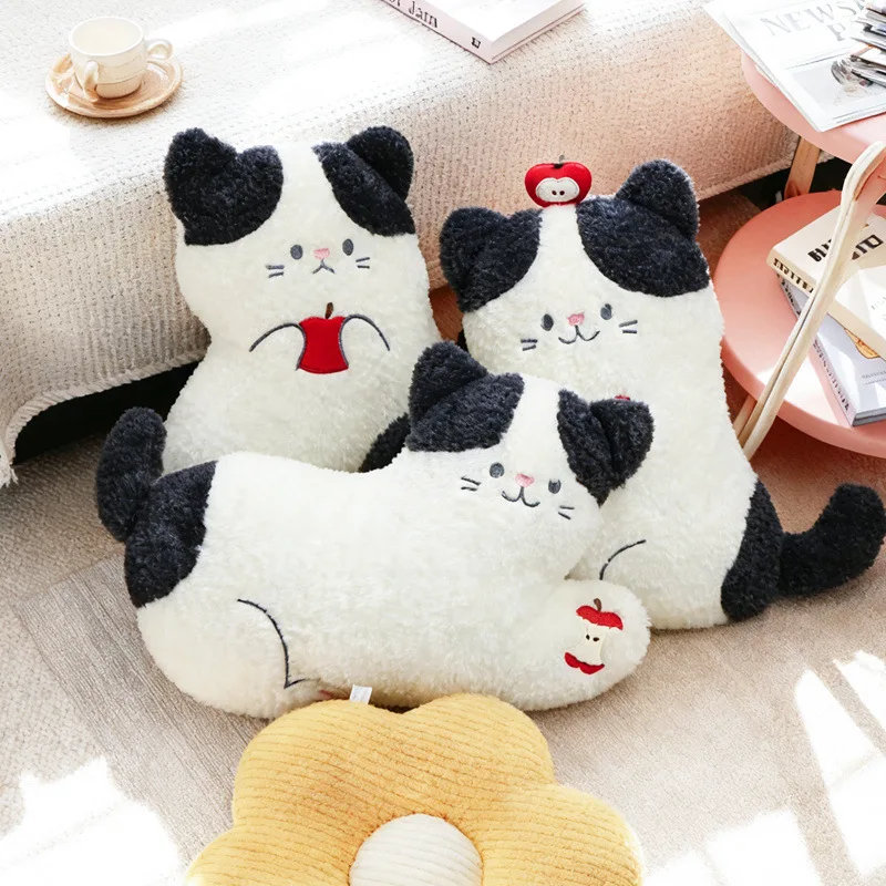 Cute Apple Cat Plush Cushion Black And White Tuxedo Cat With Red Bow And Apple Accessory Soft Sofa Creative Sweet Delightful