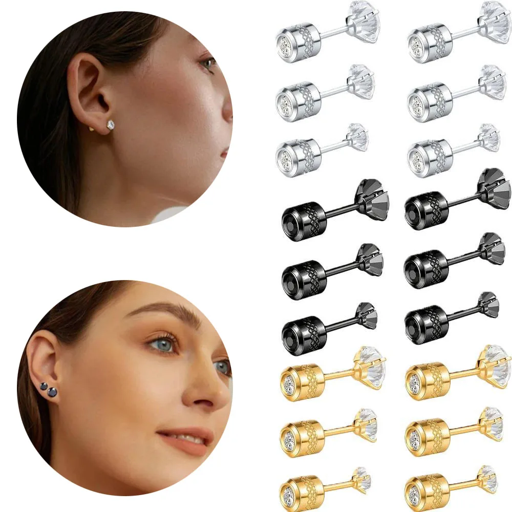 1pair Fashion Stainless Steel Cubic Zerconia Embossed Pattern Earrings Flat Back Cartilage Helix Unisex earrings Piercing