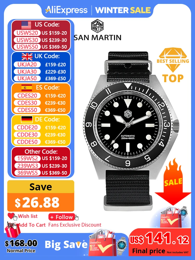 San Martin nuevo reloj de buceo de 40mm NH35 reloj de pulsera mecánico automático para hombres correa de nailon de zafiro completamente luminoso