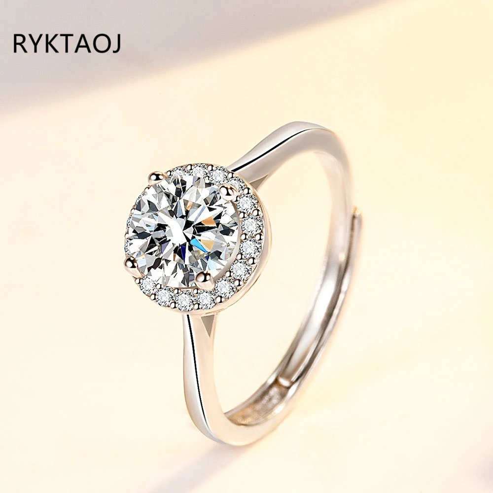 925 Sterling Silver Round CZ Halo Engagement Ring for Women Adjustable Open Band Promise Ring Wedding Fine Jewelry Gift