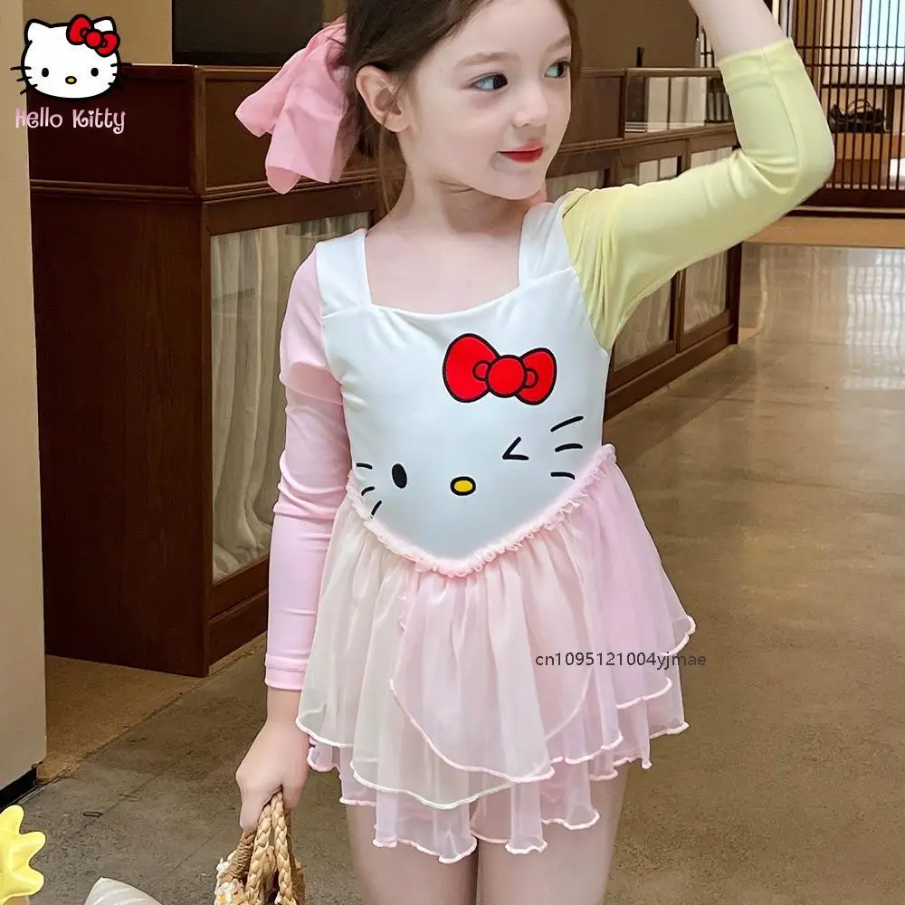 

Sanrio Hello Kitty Girl Swimsuit Cute Kt Cat Swimsuit for Children's Clothing Long Sleeved Sunscreen Swimsuit Cartoon Swimming