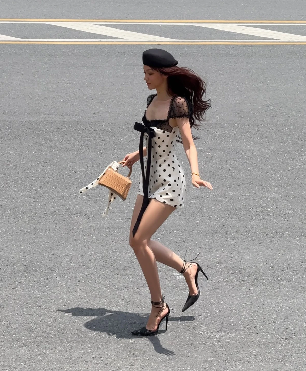 Huelleyros Polka Dot Fliege Spitze Ort Dr Taille Cinched Hohe Taille A-Linie Rock Sommer Pendeln Sle V Ne Svel