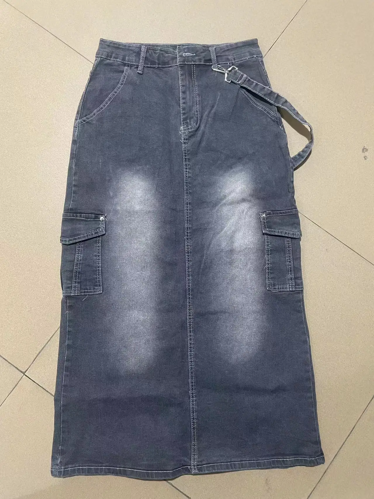 Jupe longue en denim élastique grise pour femme avec poche, neuve, 2024