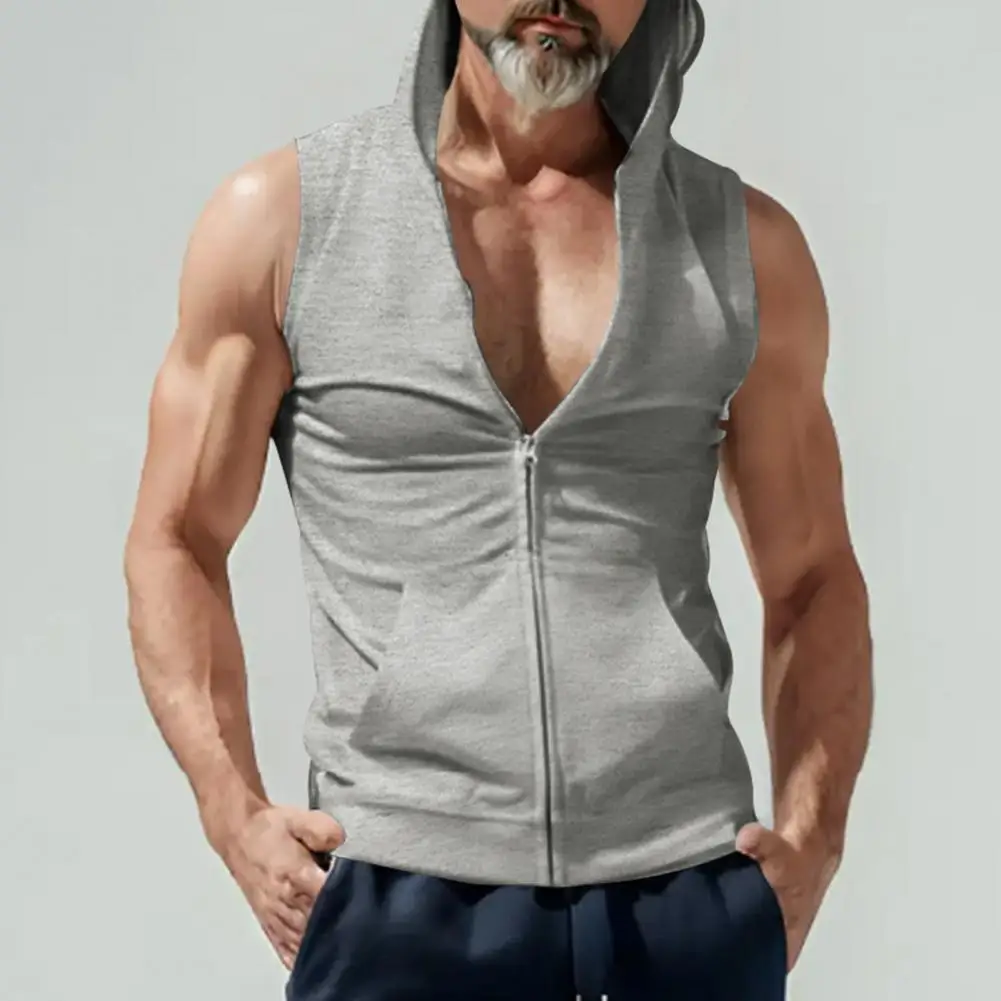 

Men Sports Vest Men's Hooded Zipper Vest with Pockets Slim Fit Breathable Fitness Waistcoat for Sports Polyester Fiber Solid