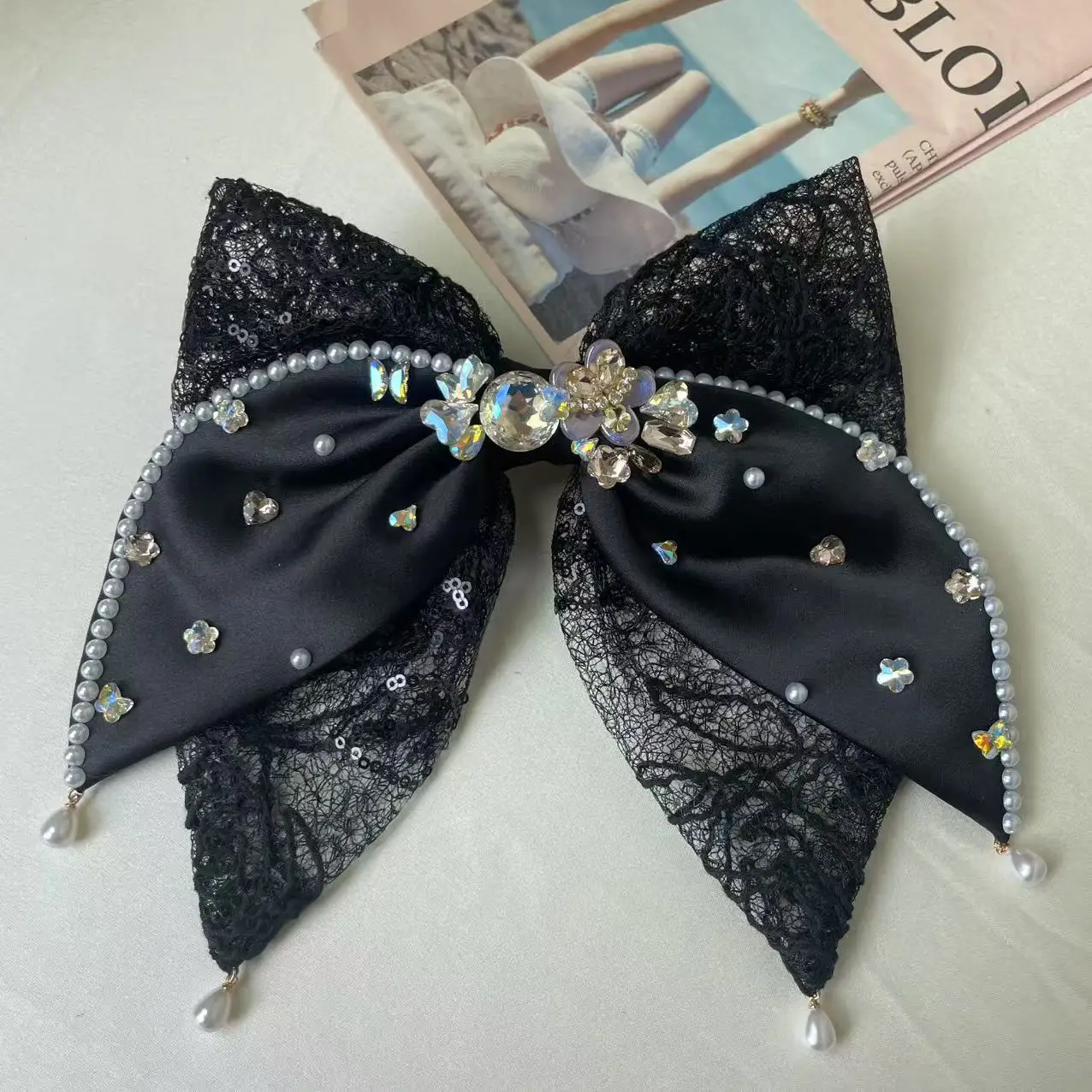 

K-Style новых пружинных зажимов для тяжелой промышленности, атласная заколка из органзы с бриллиантами в горошек, аксессуары для волос с бантиком в горошек и бриллиантами, верхняя заколка