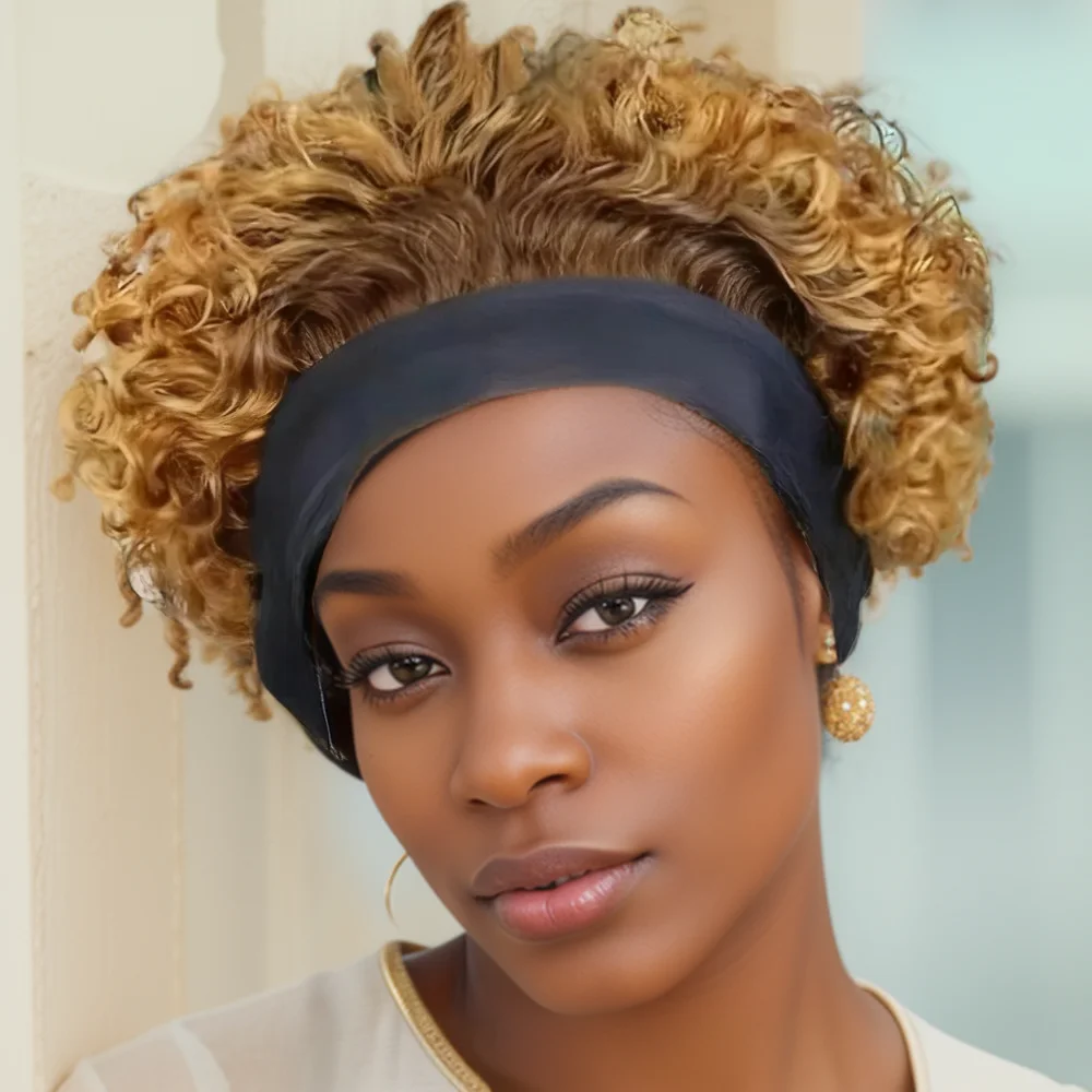 

Ombre 4/30 Короткий афро-кудрявый вьющийся парик из человеческих волос Remy, плотность 150%, с машинными повязками на голову для чернокожих женщин