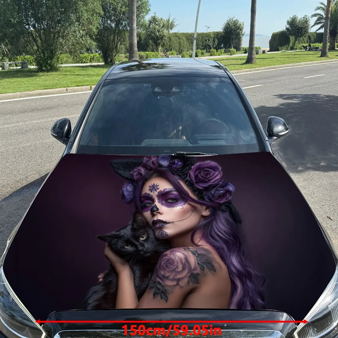 Purple Toned Floral - Decorated Girl with Skull Makeup and Black Cat Car Vinyl Wrap, PVC Material Waterproof Car Hood Sticker, S