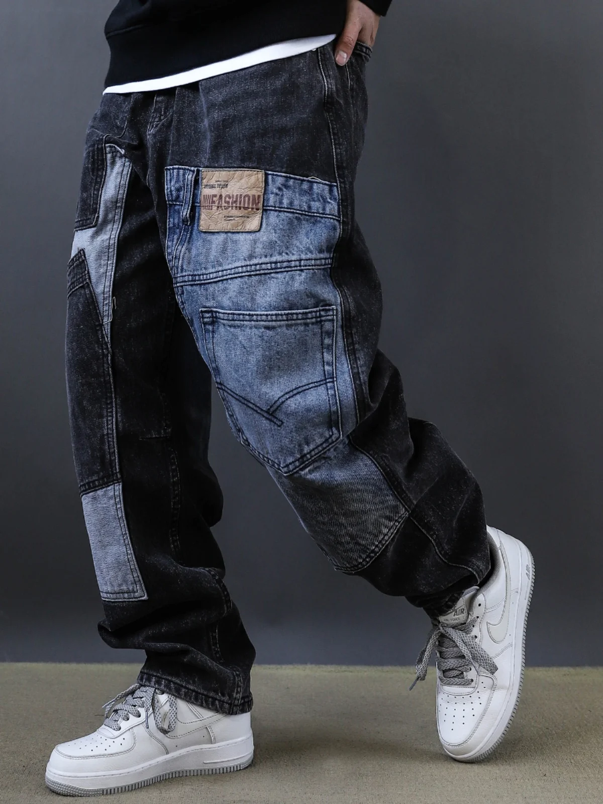 

Retro Washed Heavyweight Black Denim Patchwork Men's Loose Workwear Harlan Long Trousers Trendy American Style Jeans