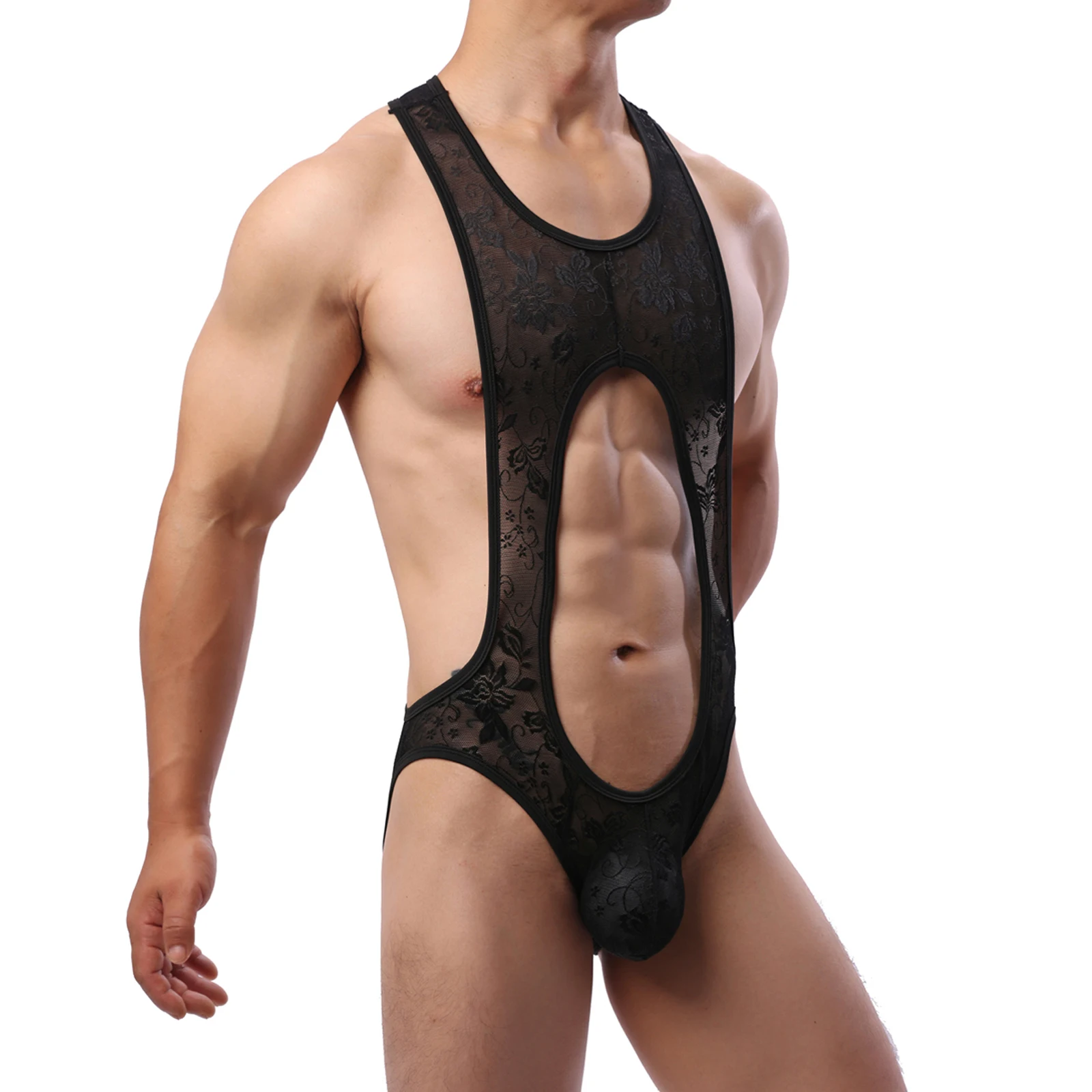 CLEVER-MENMODE Men Sheer Lace Bodysuit Penis Pouch Sexy Jockstrap Open Butt Leotard Crossdress Nightwear One-piece Underwear