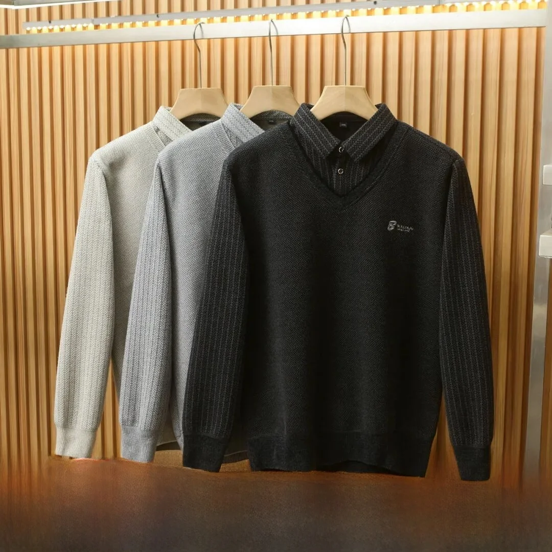 

Thiened Cosite Fce Knitted Sweater Men's Casual Sle Long Sve irt Collar Warm Stripe Pattern Autumn Winter Wear