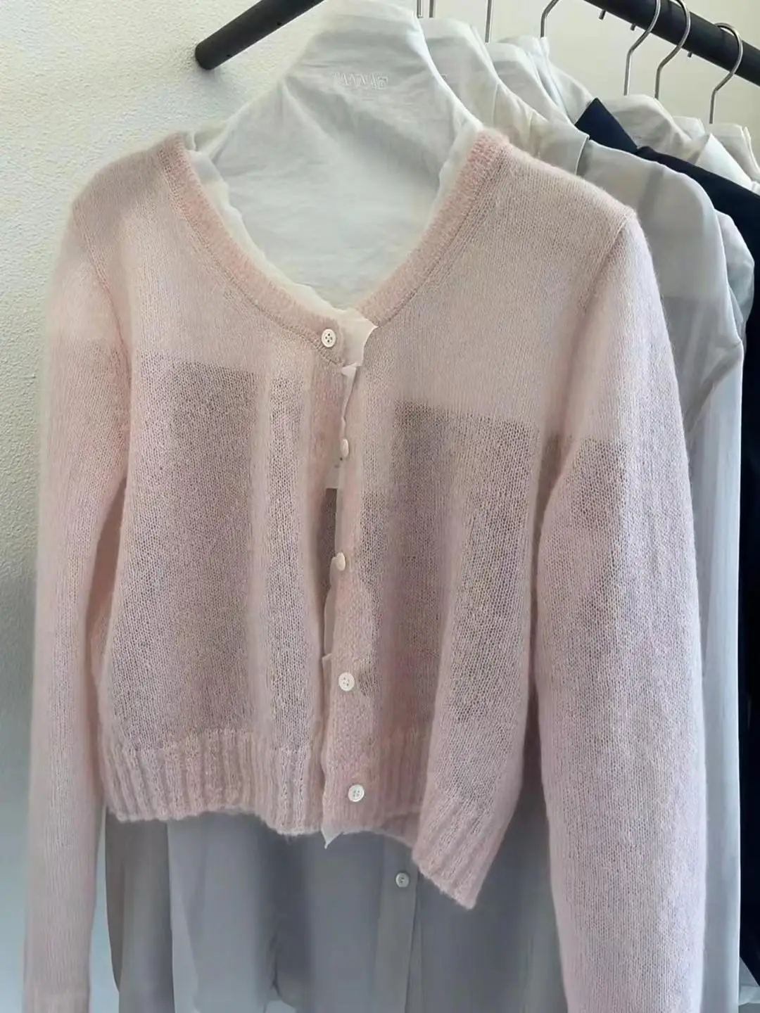 

Сладкий розовый лоскутный вязаный свитер Dongda Gate, винтажный танкитан, мягкий и нежный длинный открытый кардиган для женщин