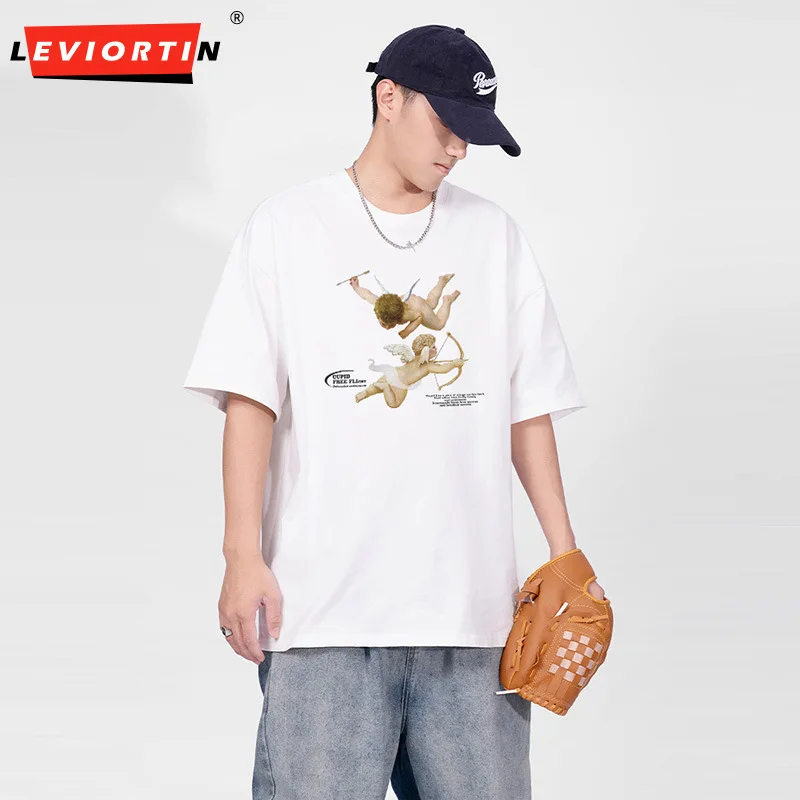 تي شيرت بأكمام قصيرة بطبعة ملاك على الطراز العالمي للرجال والنساء ، ملابس علوية متعددة الاستخدامات بسيطة وغير رسمية ، تي شيرت من القطن الخالص ، ملابس شارع صيفية