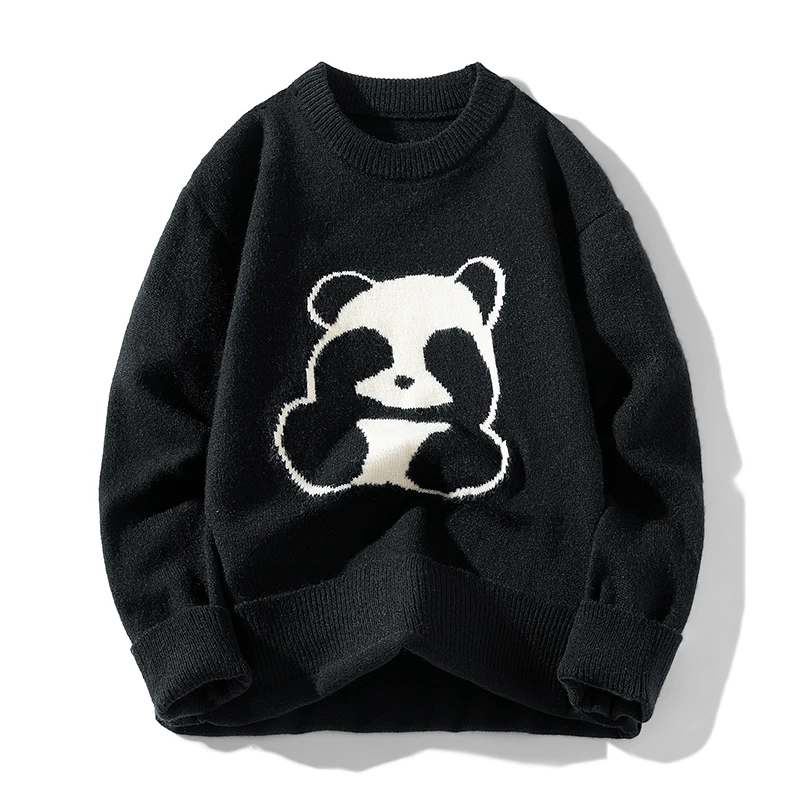 Suéter estampado panda masculino, pulôver de manga comprida, elástico solto, quente, versátil para casal, nova moda, outono e inverno, 2024