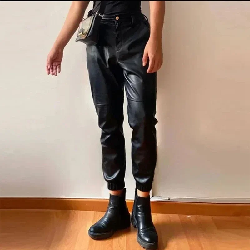 

Men's Casual Matte Leather Joggers High Waist Faux Leather Cropped Pants Stretch PU Elastic Band Foot Bound Carrot Pants Custom