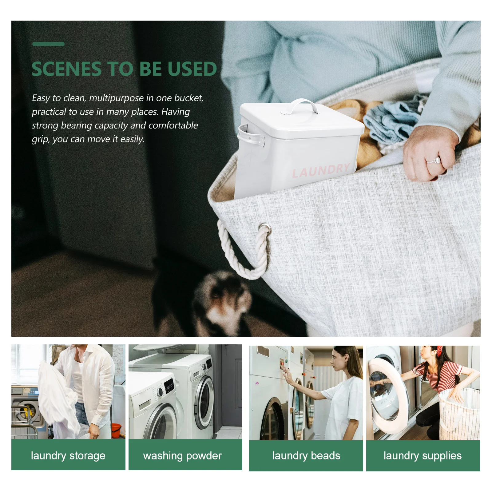 

Iron Sheet Laundry Detergent Storage Bucket White Durable Holder with Handle Multipurpose Laundry Container Storage Box