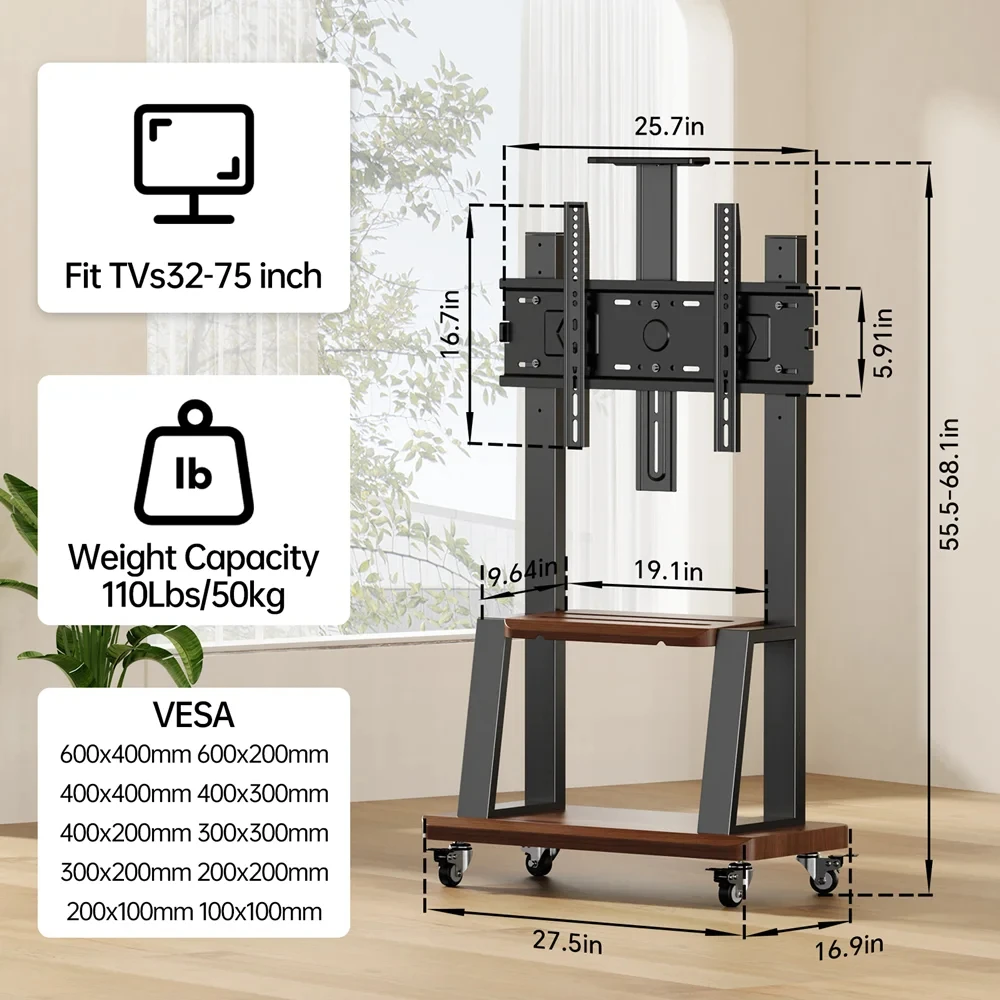 Mobile TV Cart for 32-75 Inch Screens, Movable Rolling Floor TV Stand with Shelf Locking Wheel, Height Ajustable Heavy-Duty
