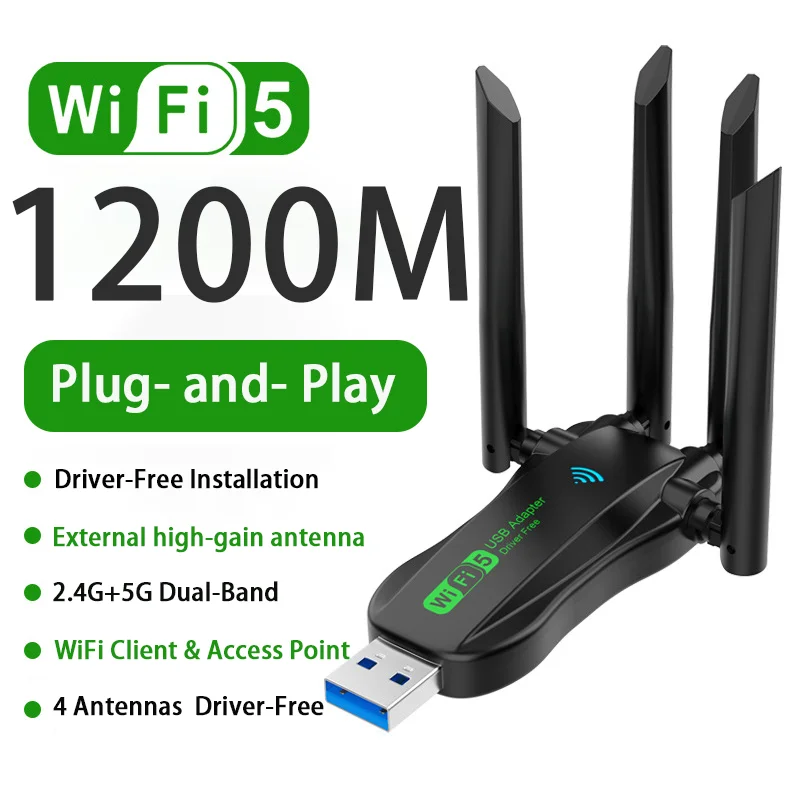 

AX900 1200Mbps WiFi5 Adapter Dual Band 2.4G+5Ghz Dongle 4 Antenna 802.11AC USB3.0 High-Speed Wireless Card Receiver PC/Laptop