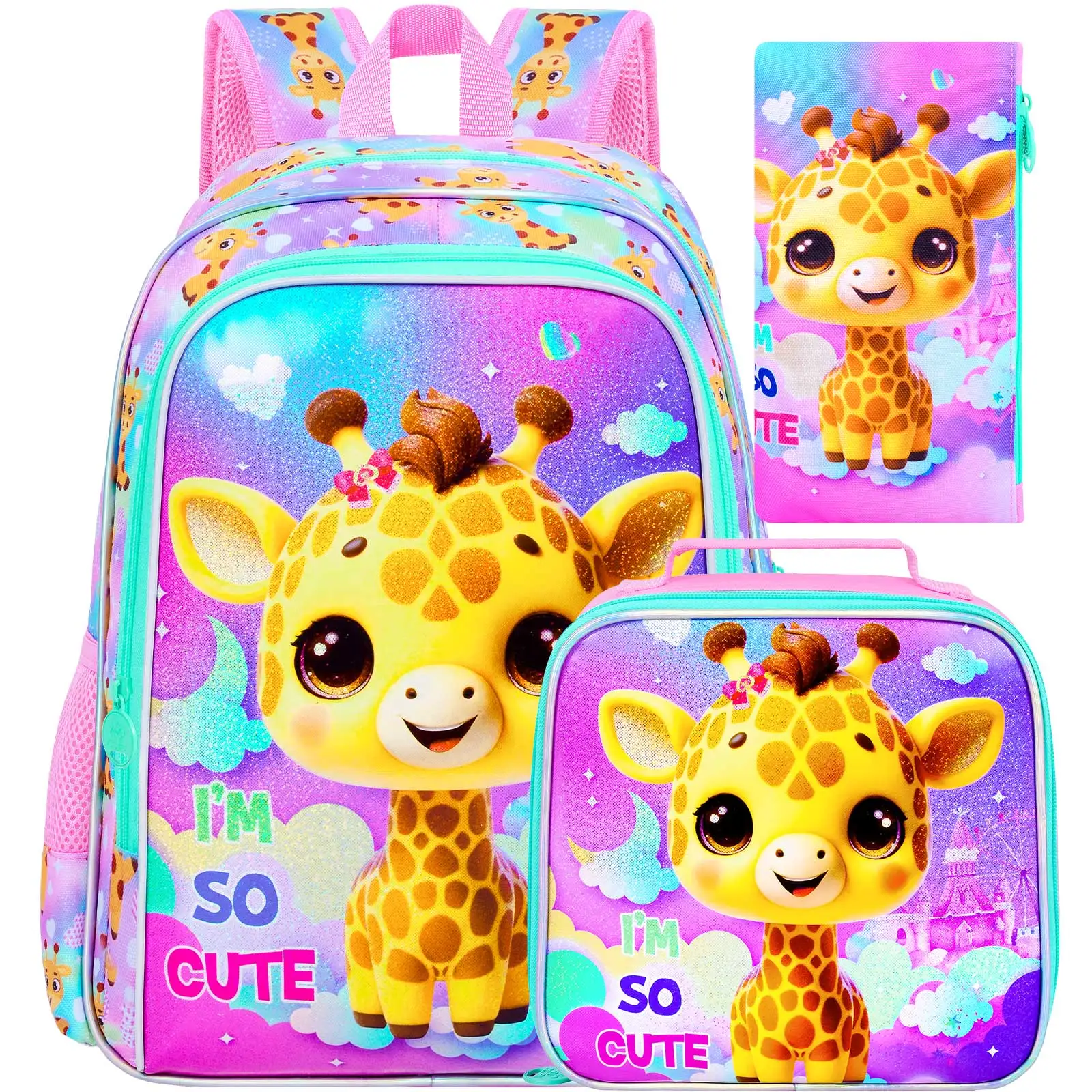 

3Pcs Backpack for Girls, 16" Kids Bookbag with Lunch Box, Giraffe School Backpacks Set for Elementary Preschool Kindergarten(Pin