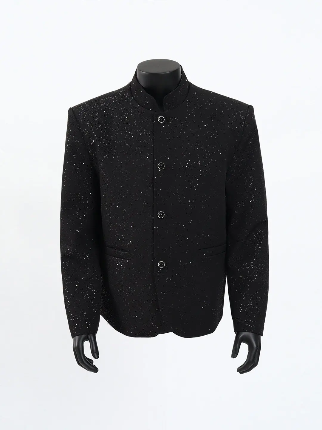 

New Chinese Style Men's Short Suit Jacket Black Stand Collar Shiny Sequin Fine Flashing Shoulder Pads High End Feeling Casual
