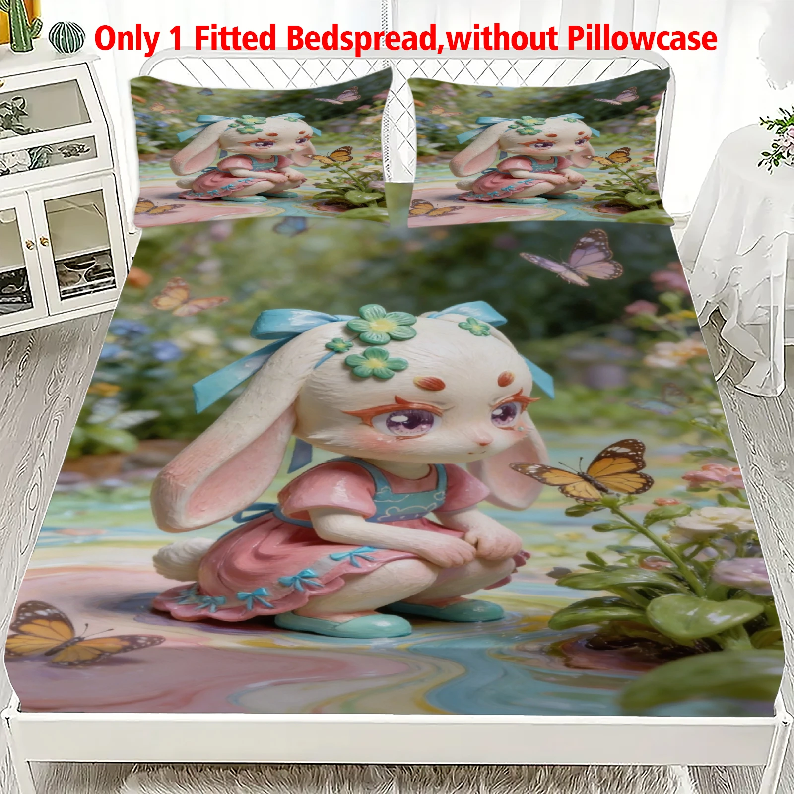 3pcs Fitted Sheet Set Soft Fluff Town Lulu-Sleepy Bunny Breathable Fitted Sheet Set for Home Decor with 2 Pillowcases For Kids