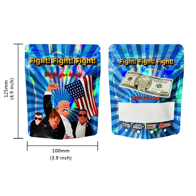 100pcs Mylar Bags Holographic 3.5g Zip lock Bag American Presidential Election Speech Trump Fight 2024 Party Use Bags