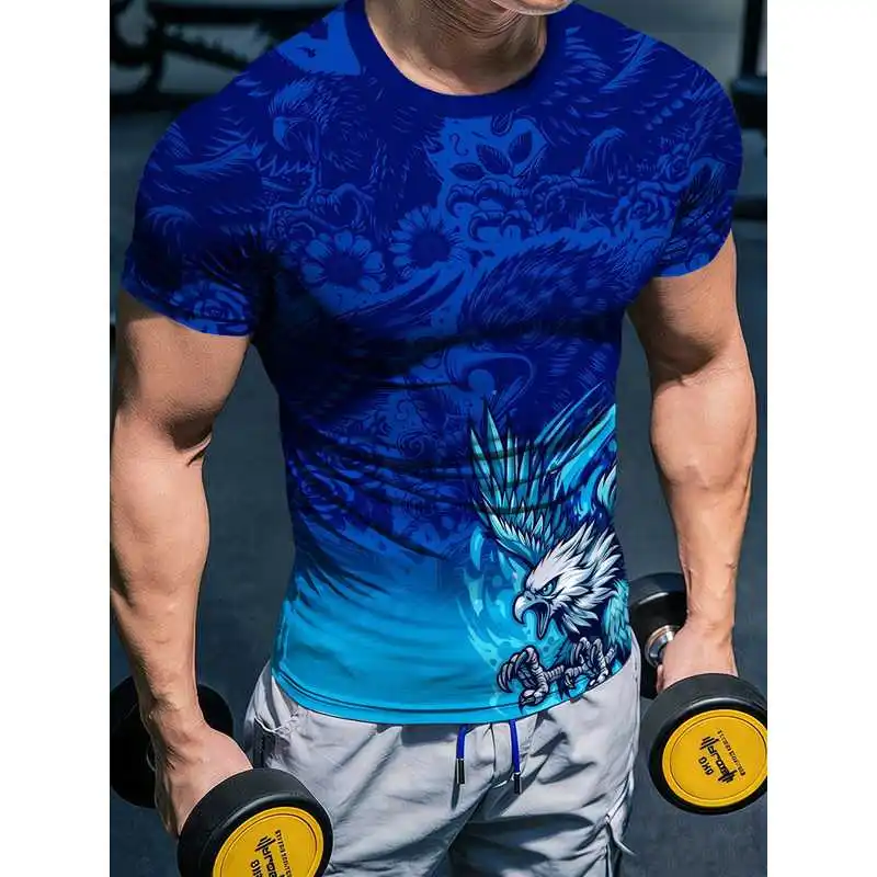 Men's Blue Eagle Print Fitness Short Sleeve ShirtTHighly elastic tight-fitting shirt quick-drying breathable and sweat-absorbent