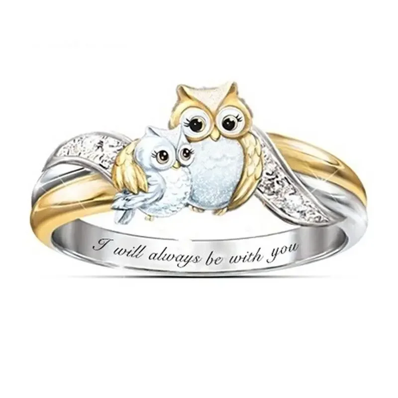 I Will Always Be with You Rings for Women Girls Fashion Cute Mother Kids Owl Rings AAA Crystal Ring Jewelry Birthday Gifts