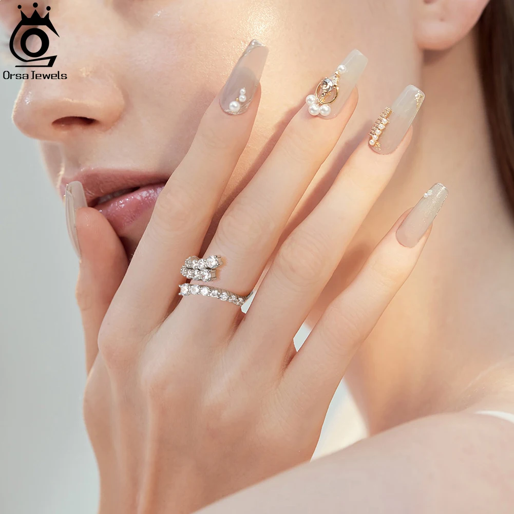 ORSA JEWELS New Fashion 925 Sterling Silver Open Ring Geometric Zircon Rings Irregular Line Ring Shiny Wedding Jewelry SR305