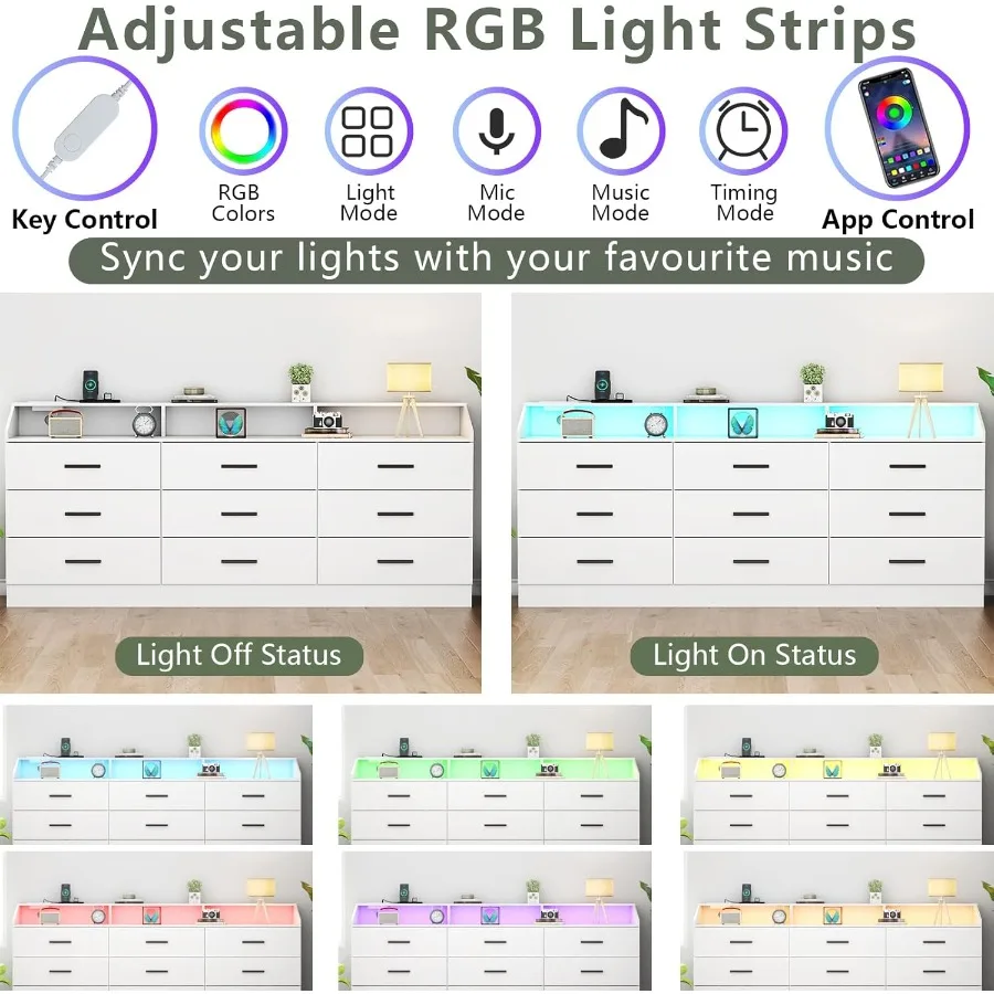 خزانة ذات 9 أدراج لغرفة النوم مع مخرج طاقة، خزانة ذات أدراج حديثة مع خزائن تخزين بإضاءة LED مع Stora مفتوحة #4