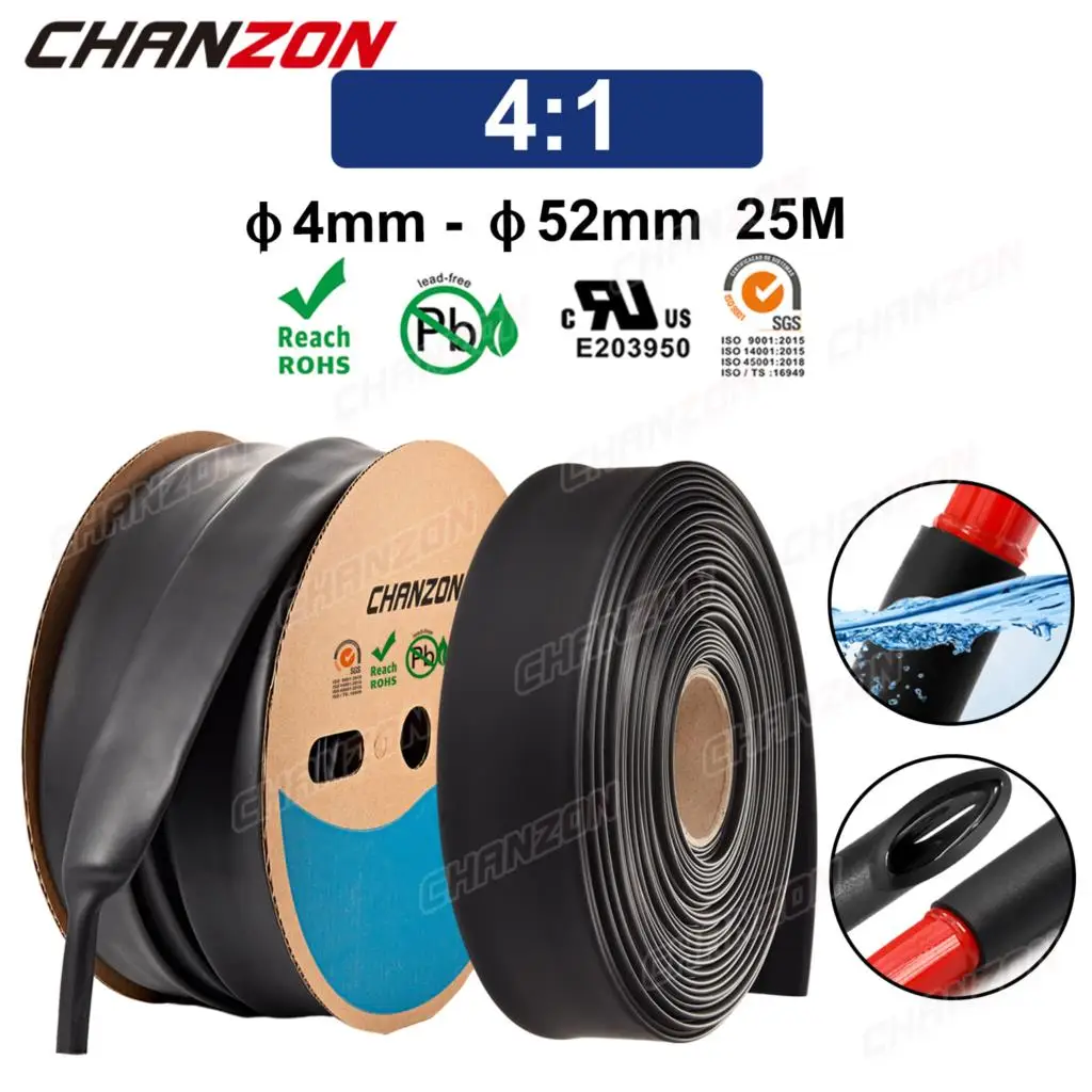 

25M/Roll 4:1 Black 4mm - 52mm Heat Shrink Tube Double Wall Adhensive Lined With Glue Waterproof Marine Grade Cable Sleeve Tape