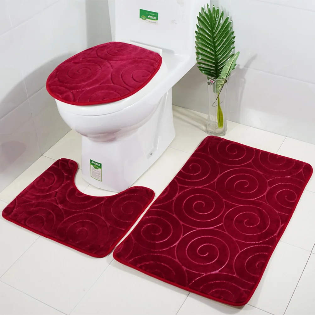 

Embossed Bathroom Mat Set Soft Flannel Non-Slip Backing Quick-Drying High Absorption Toilet Seat Lid Cover U-Shaped