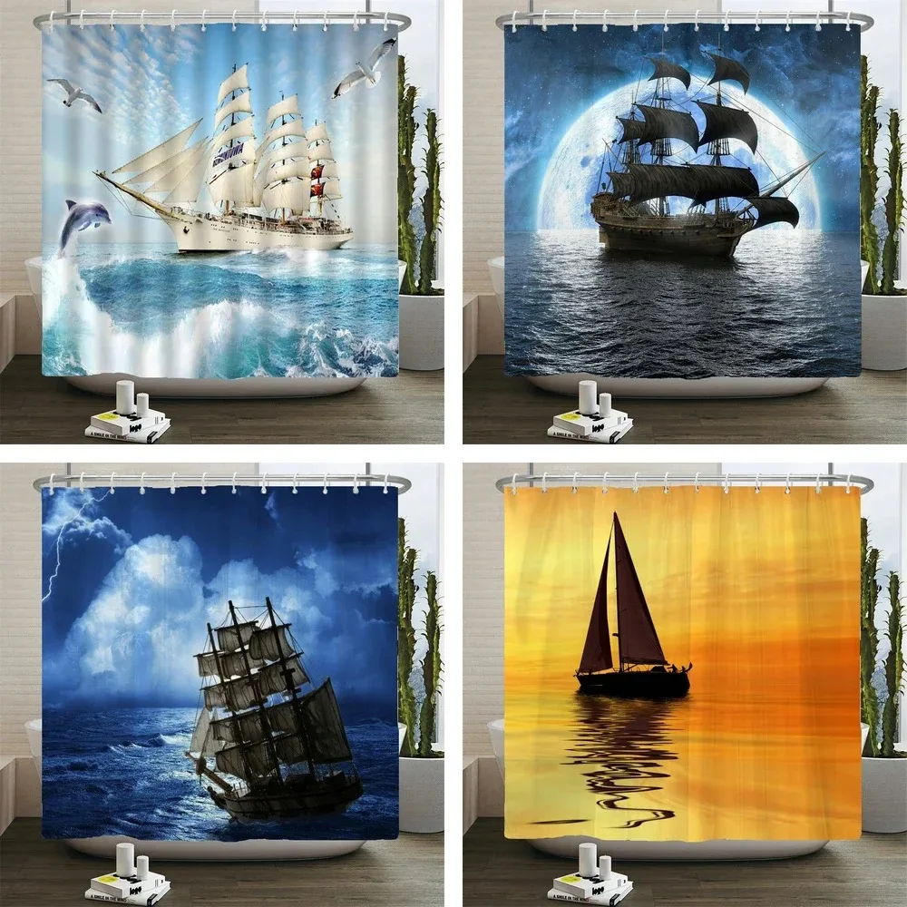

Sailboat Waterproof Bathroom Shower Curtains Sea Navigation Bath Curtains 3d Printing with Hooks Washable Cloth